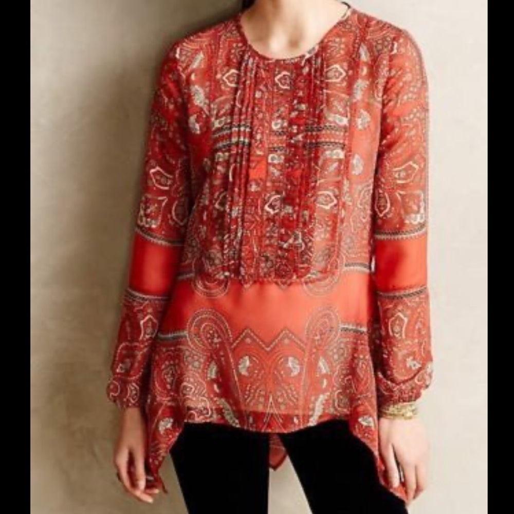 Anthropologie Love Sam Bohemian Whimsical Vibrant Red Paisley‎ Blouse Billowy